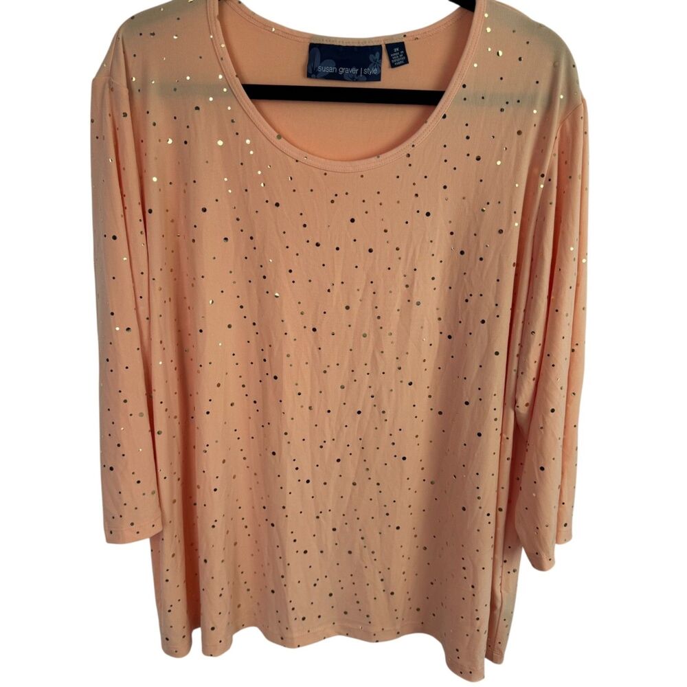 Susan Graver Tunic Top Blouse Size 2X Peach w/Gold Sequins 3/4 Sleeves